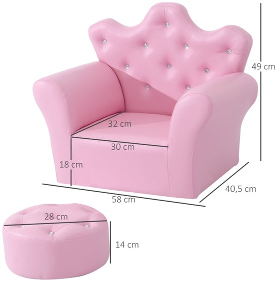 Kinder sofa set met voetenbank Roze PU Leer 58x40,5x49cm Geschikt voor 3-7 jaar Meisjes Kroon Rugleuning 50kg voor Slaapkamer Speelkamer — afbeelding 5