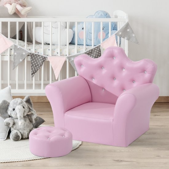 Kinder sofa set met voetenbank Roze PU Leer 58x40,5x49cm Geschikt voor 3-7 jaar Meisjes Kroon Rugleuning 50kg voor Slaapkamer Speelkamer — afbeelding 4