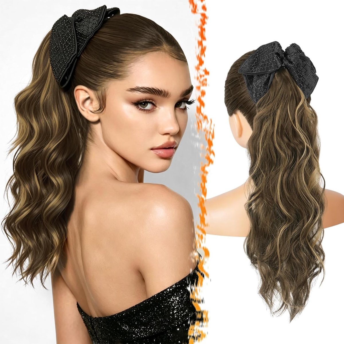 Klitponytail Extensions van 45 cm met een Boog Klem, Natuurlijke Look, Lichtgewicht Synthetisch Golvend Haarstuk in Bruin met Honingblond