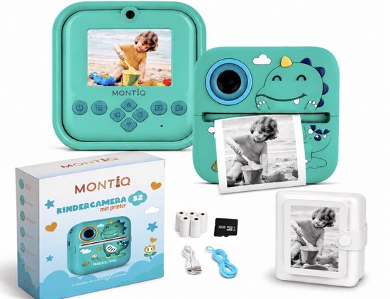 Turquoise kinder camera met dinosaurus design, inclusief printer die direct foto's print, SD-kaart en accessoires.