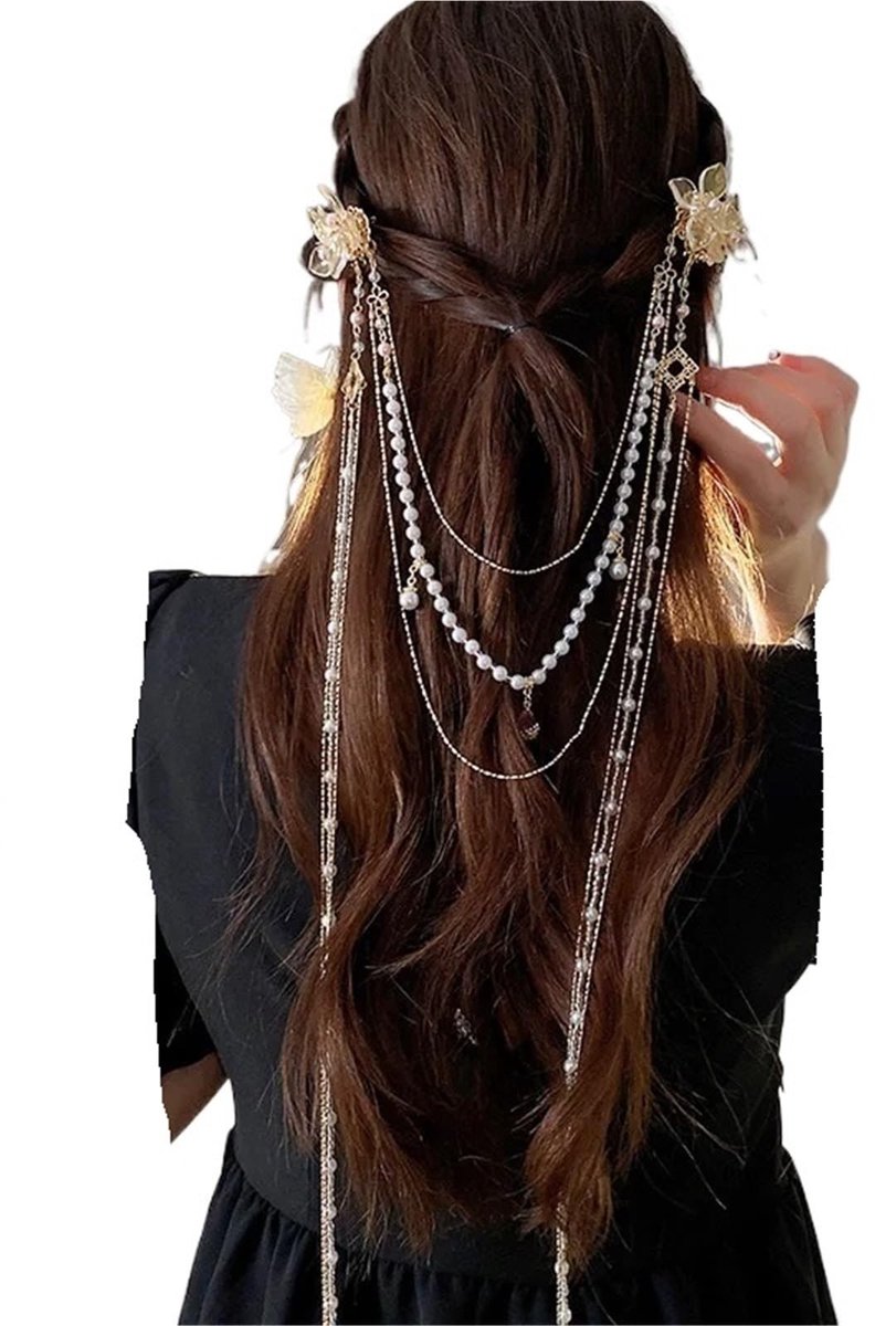 Elegante Bloemen Haarspeld met Strass en Parels - Lange Kwastjes