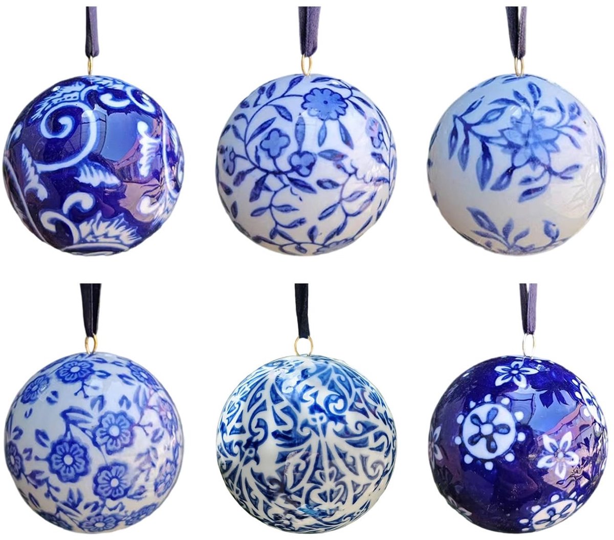 Porseleinen Kerst Ornamenten - 6 Stuks Blauwwit