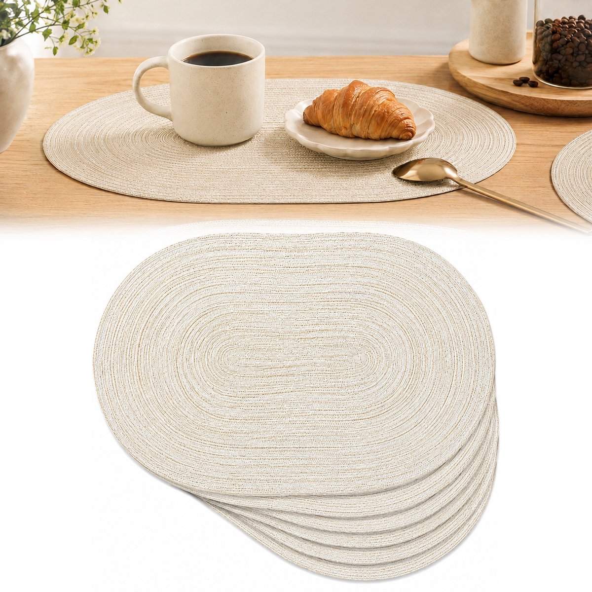 Placemats - Onderzetters - Ovaal Placemat - 45x30 cm - Geweven - Hittebestendig tot 85°C - Antislip - Afwasbaar - Katoen/Polyester - 6 Stuks - Beige