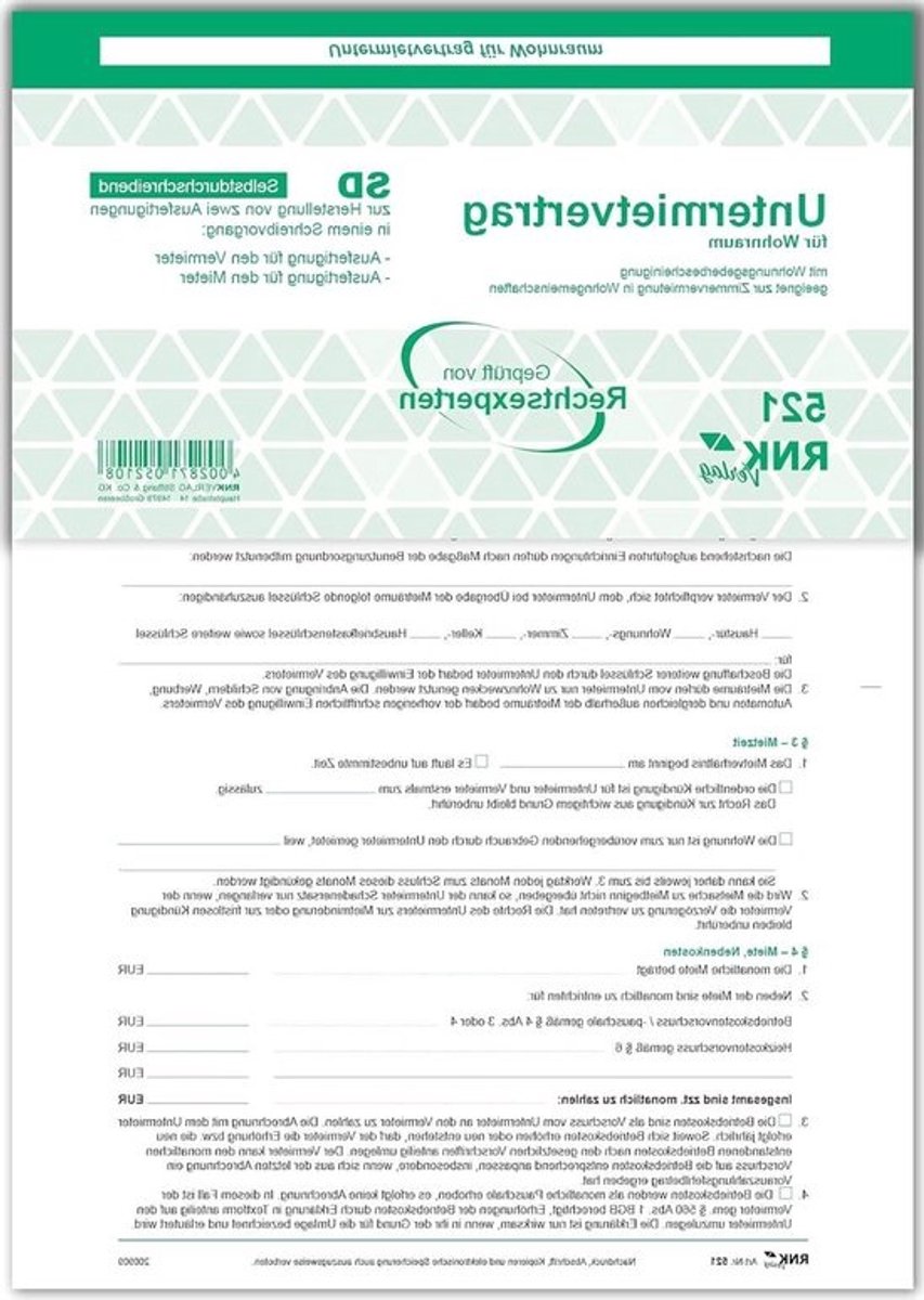 Onderhuurovereenkomst Woonruimte - Huurcontract Kamer - Huren Regelen - Zelfdoorschrijvend Formulier - DIN A4 25 stuks - Wit