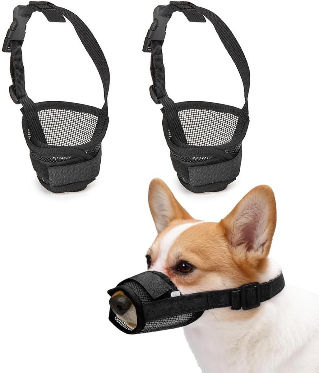 Muilkorven voor honden, set van 2 met ademend mesh, verstelbare drinkring en blafpreventie, ideaal voor training en veiligheid.