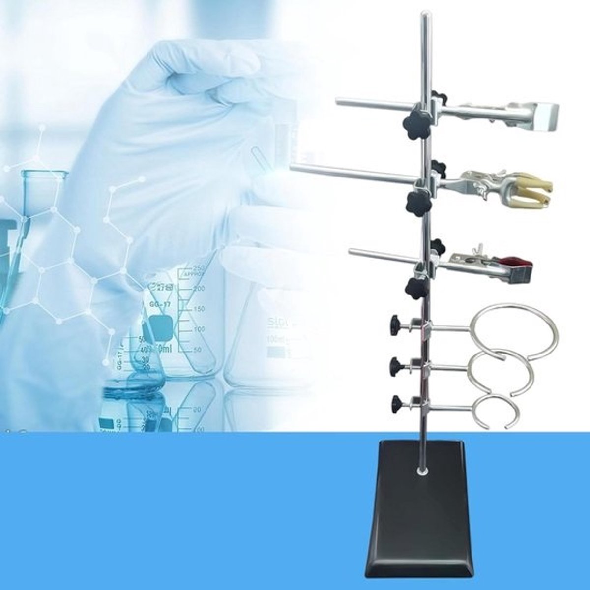 Laboratoriumklemmen Set - Lab Klemmen - Ondersteuning Instrumenten - Inclusief Reageerbuishouder - 60 cm Hoog - Zilver Zwart