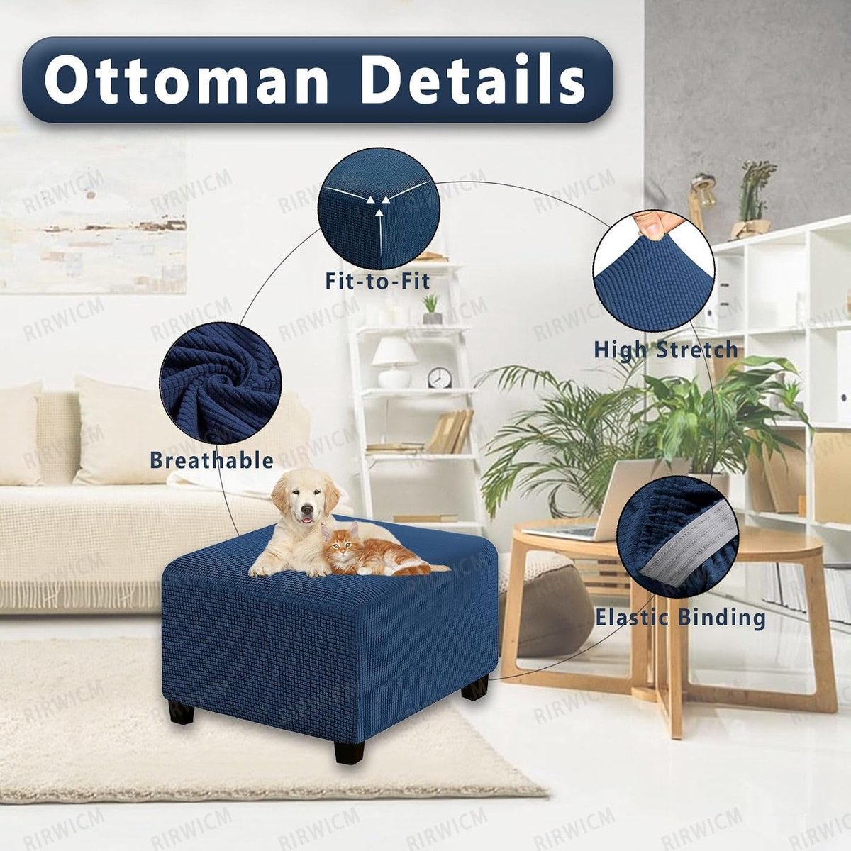 Zachte en Dikke Stretch Jacquard Ottoman Covers voor Vierkante Voetenbank, Verwijderbaar en Wasbaar, Antislip Bescherming voor Meubels (Marineblauw)