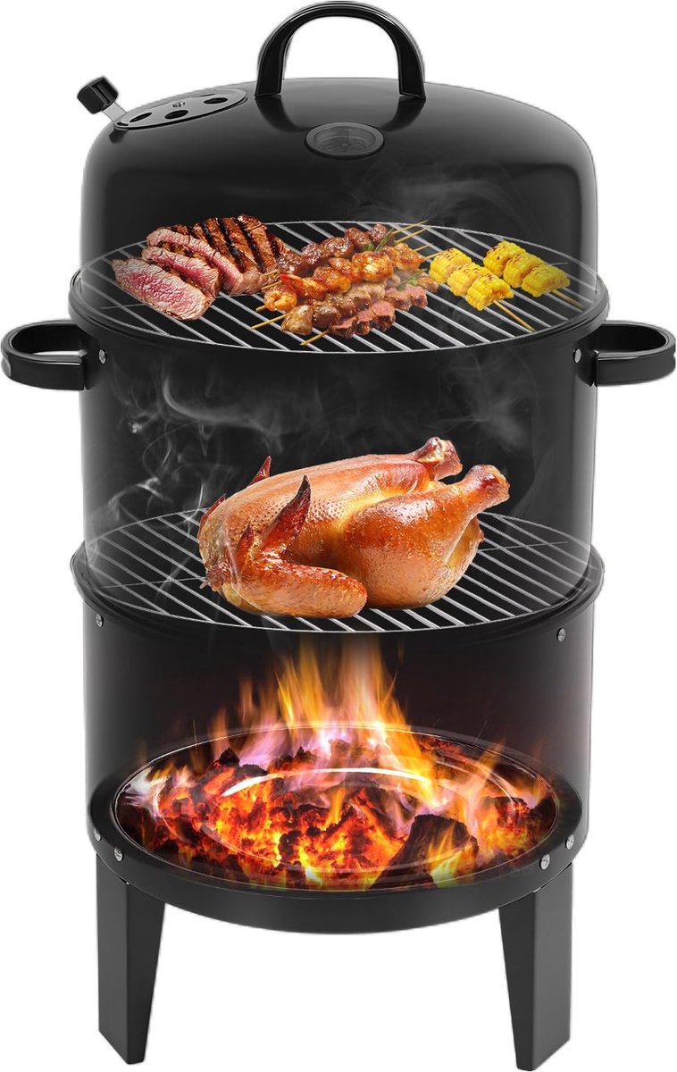 3-in-1 Houtskoolgrill en Roker met Thermometer - 80 x 40 cm