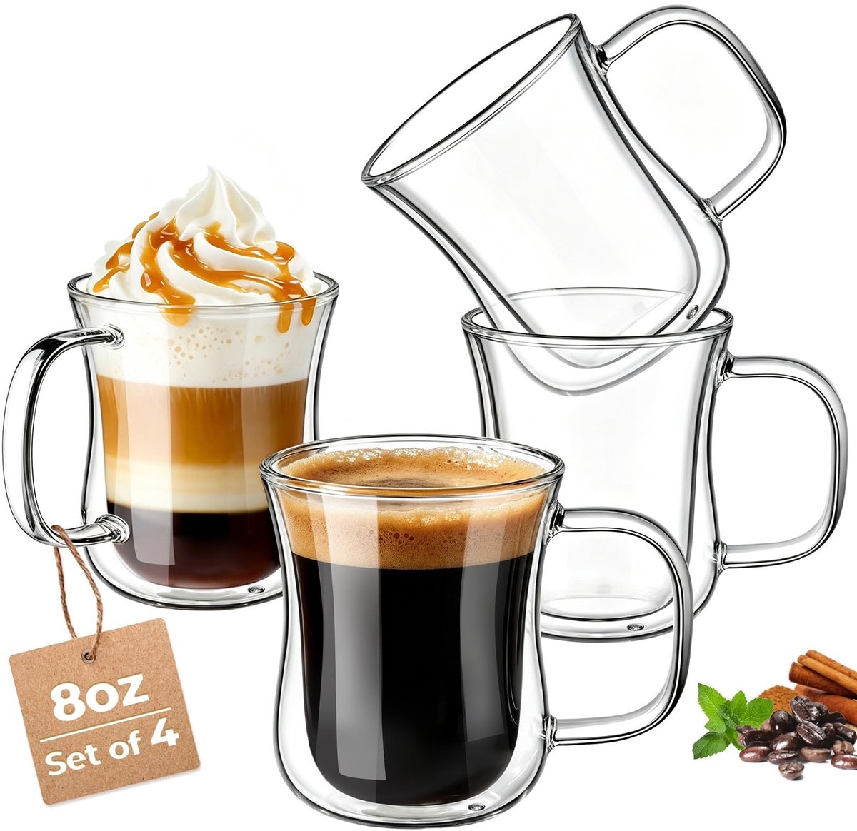 Dubbelwandige Koffieglaasjes Set van 4 - 240 ml met Handvat