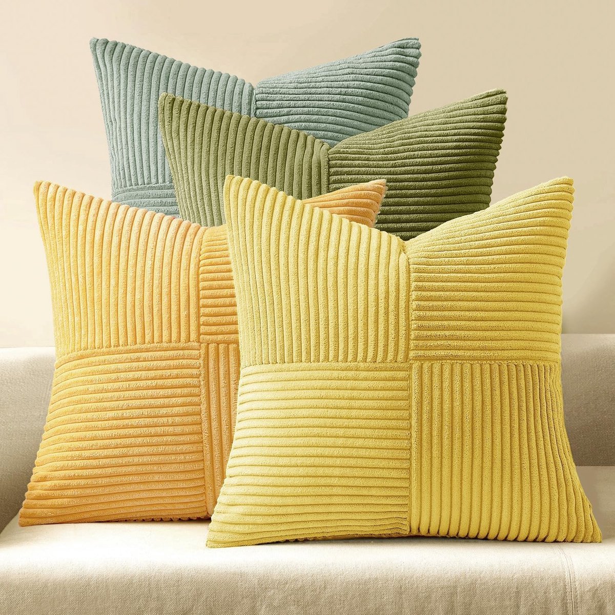 Set van 4 Kussenhoezen 50 x 50 cm Corduroy Velvet Patchwork in Geel en Groen voor Sofa en Slaapkamer Decoratie