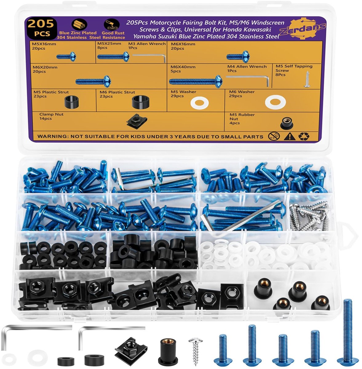 205-delige set motorfietskuipenbouten - M5 M6 Roestvrij staal blauw