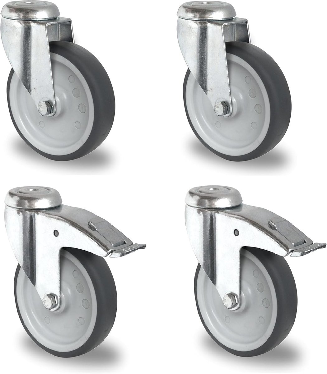 Roller set 100 mm met 4 wielen - 2 draaibaar met rem, 2 zonder