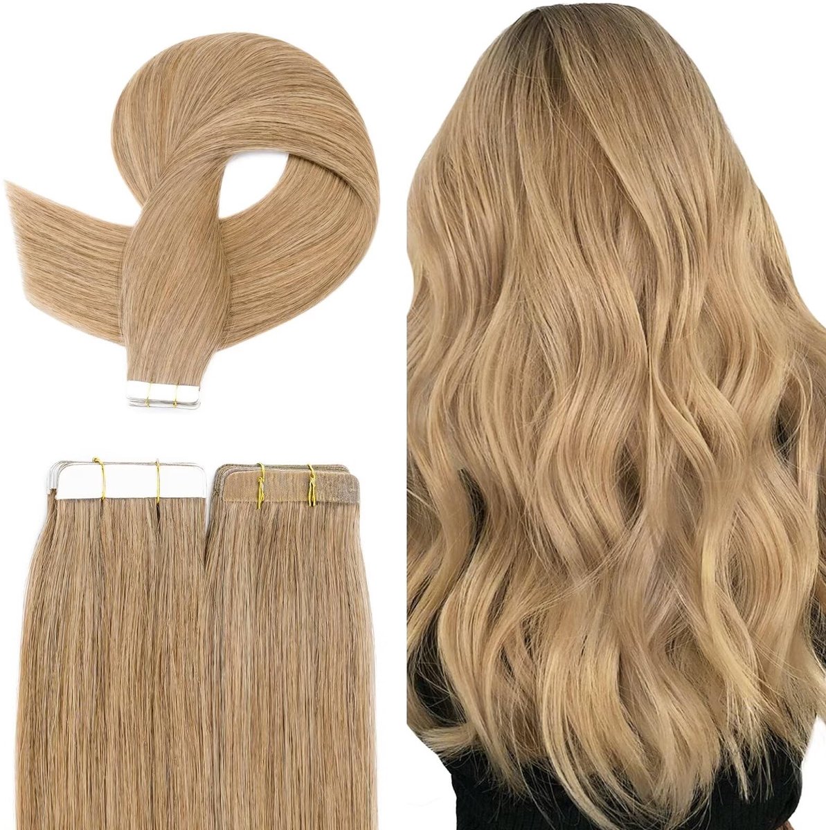 Echte Haarextensions, Zelfklevend, 30 cm, 20 g, #27 Donkerblond (20 stuks)