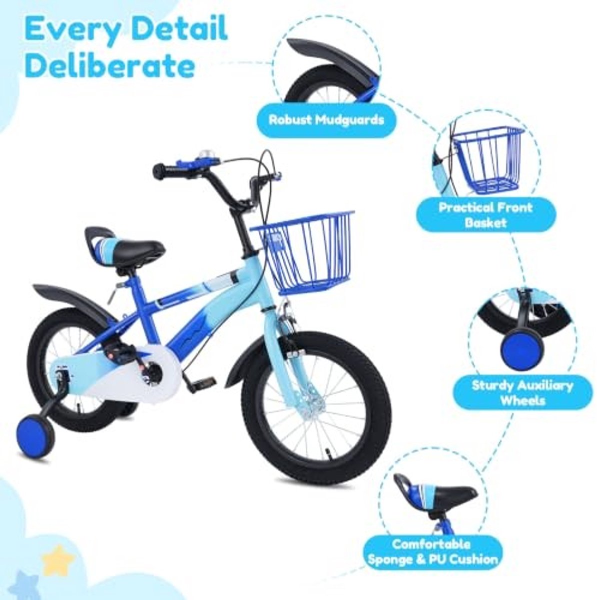 Kinderfiets 14 inch Hoogte verstelbaar met steunwielen Blauw paars beige