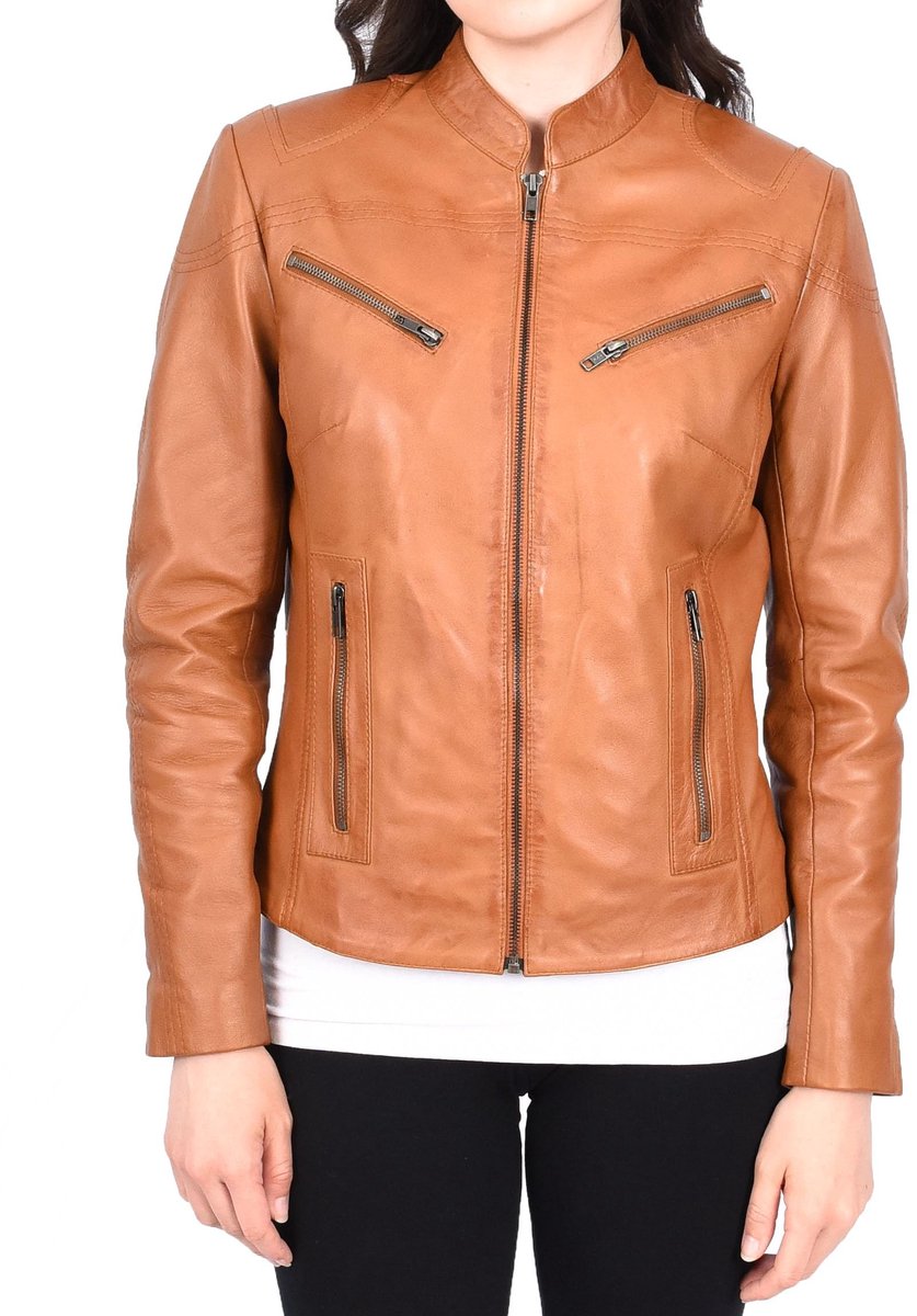 Dames Leren Motorjack - Mandarin Collar - Bruin