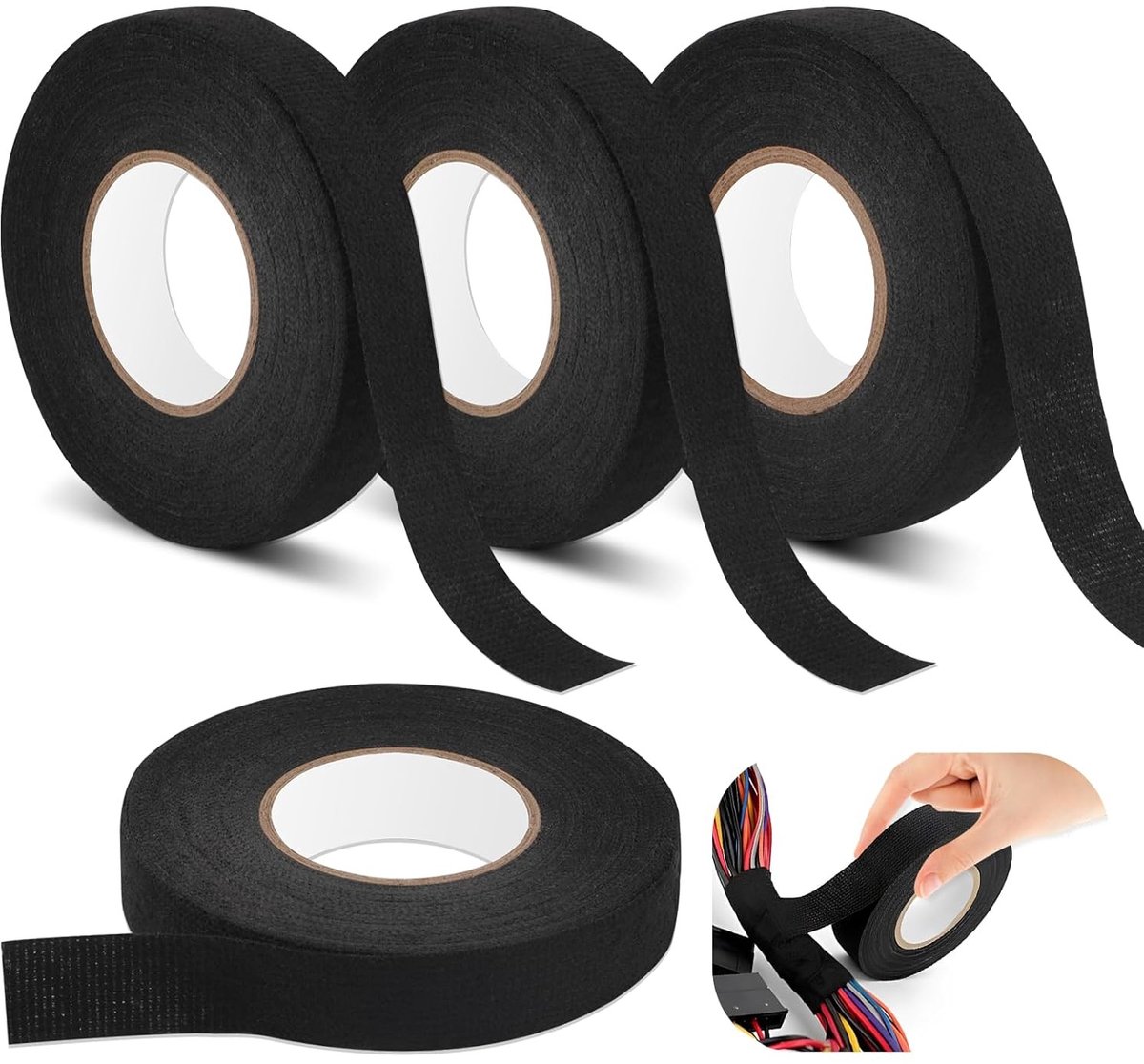 Zwarte Fabric Tape Set van 4 Stukken, Zelfklevende Isolatietape voor Draadbundels, 19 mm x 15 m en 15 mm x 15 m, Ideaal voor Huishouden, Auto en Motorfiets