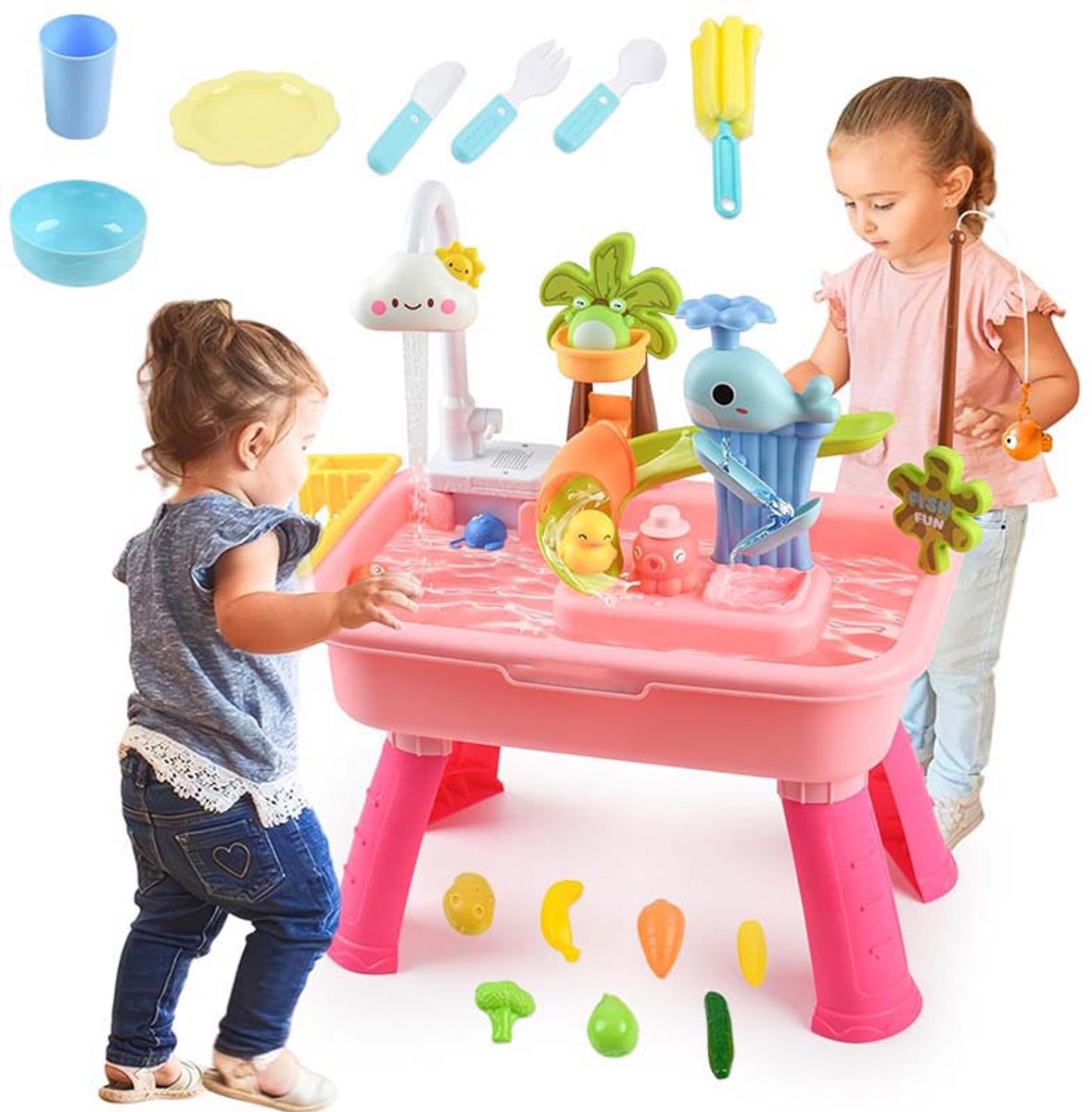 Keuken Gootsteen Waterspeelset voor Kinderen - Kinder Hengelspeelgoed met Kraan - Keuken Gootsteen Spel voor Jongens en Meisjes vanaf 3 Jaar (Roze)