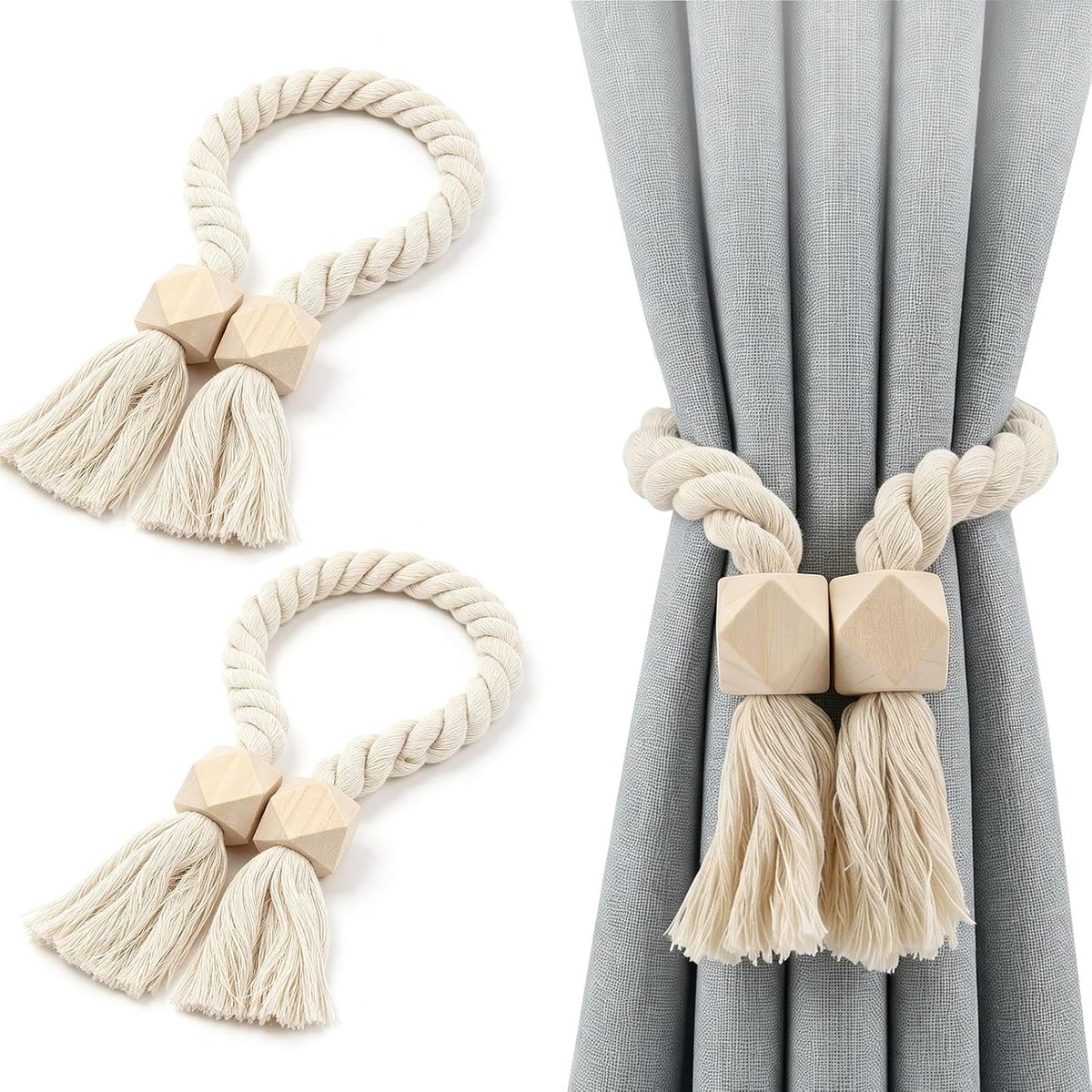 Boho gordijnhouders van katoenen touw met houten kralen, magnetisch en decoratief voor woonkamer, slaapkamer en balkon, 2 stuks