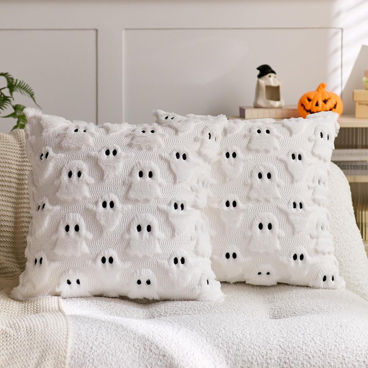 KZQ 2 Stuks Halloween Kussenslopen 45x45 cm met Grappige Spookprint voor Herfstdecoratie, Binnen en Beddengoed-Wit