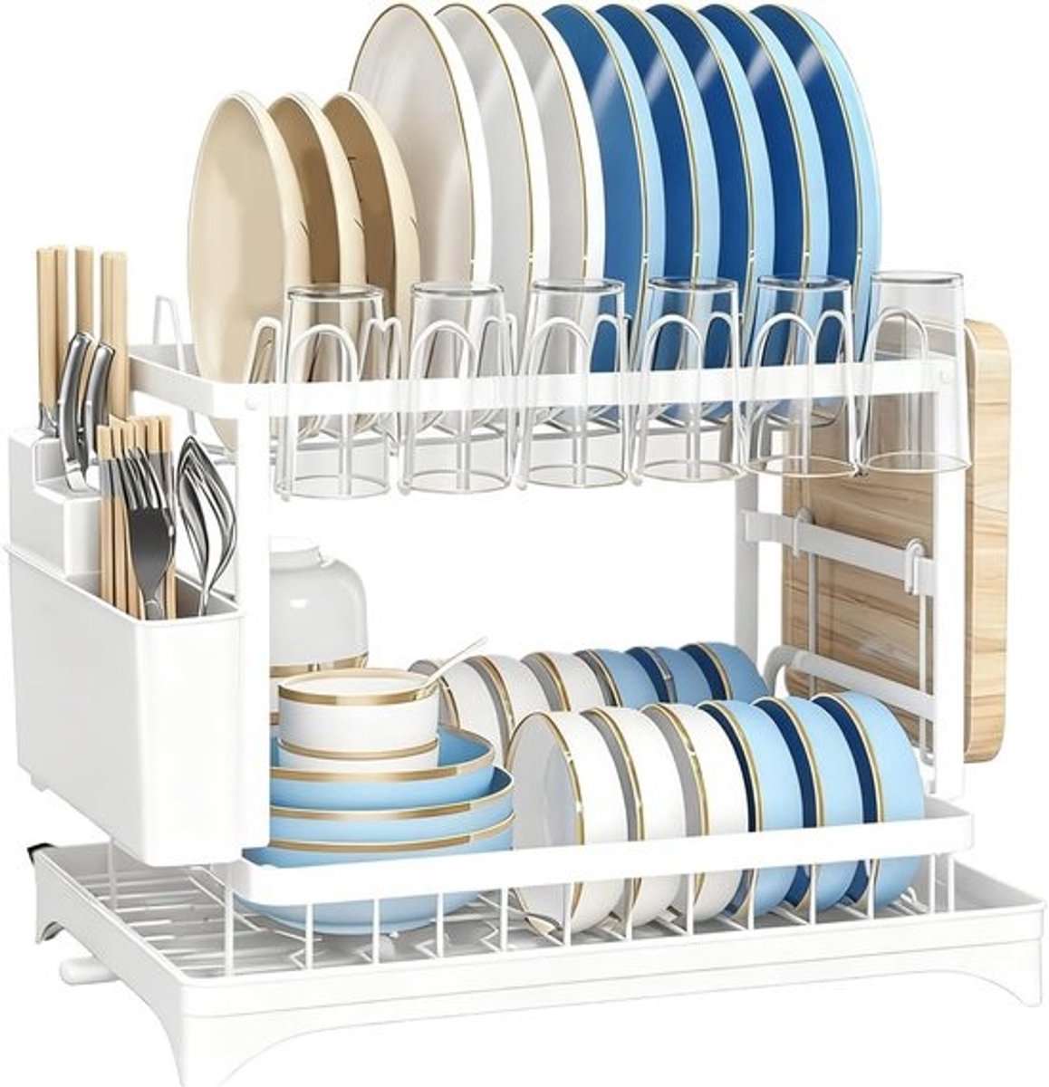 Afdruiprek Keuken - Vaatdroogrek Organizer - Aanrecht Opruimen - Tweelaags Ontwerp - 31B x 15H cm - Wit