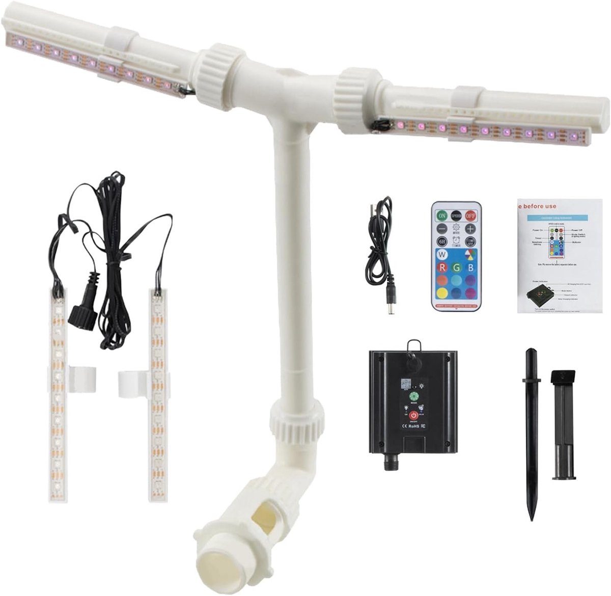 Zonne-energie Tuinfontein met LED Verlichting, Dubbele Spray voor Boven- en Inbouwzwembaden, Waterfall Aerator met RGB Verlichting en Verstelbare Watervalrichting voor Buitengebruik