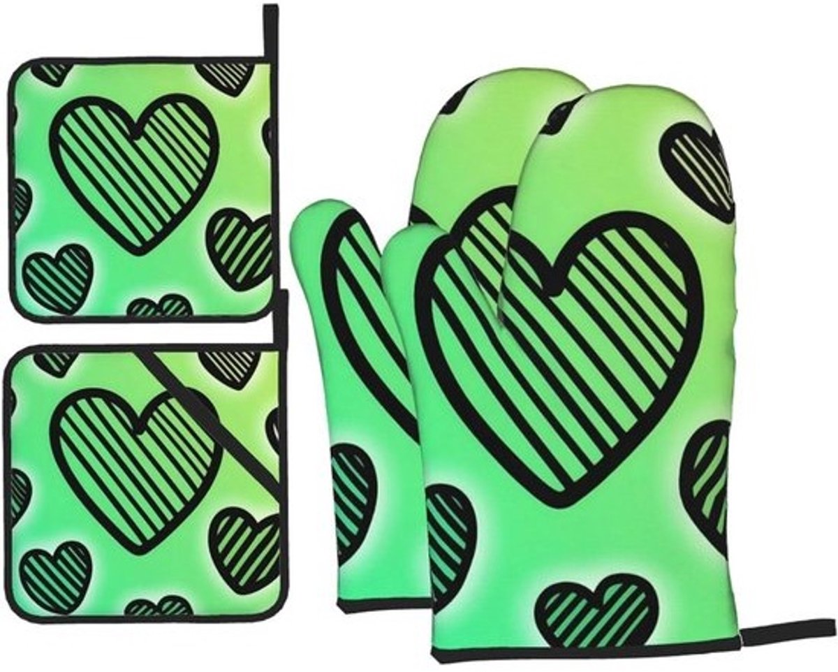 Ovenwanten En Pannenlappen Set - Keukenhandschoenen Hittebestendig - Veilig Koken - Waterdicht Polyester Materiaal - 4 Stuks - Harten Groen
