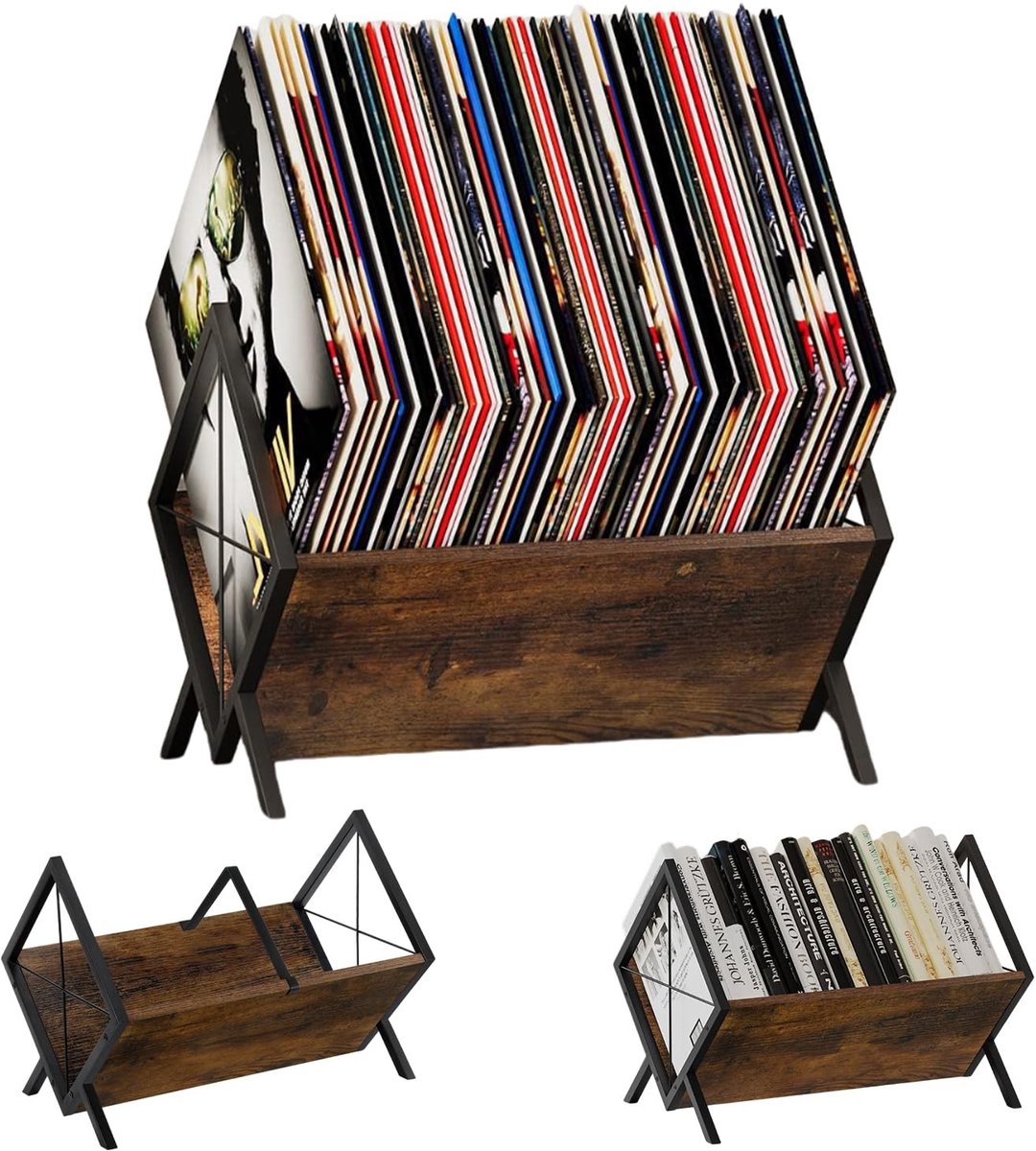 Vinyl Record Stand voor 80-100 LPs - Retro Houten Platenhouder met Antislip Clip