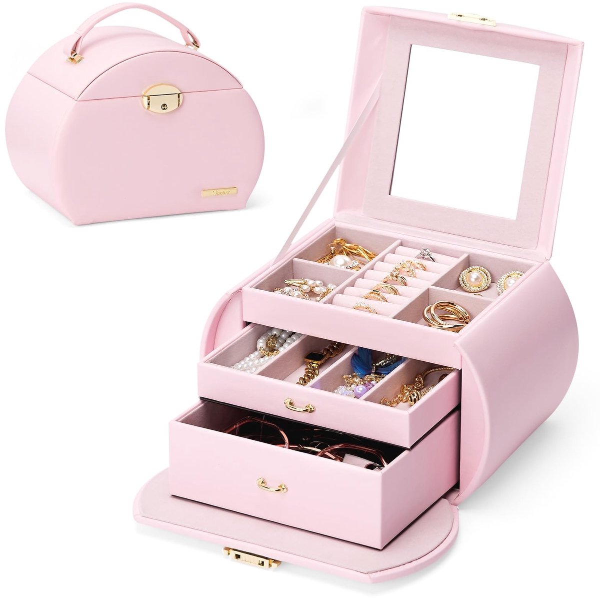 Sieradenbox met 3 Laag - Lichtroze met Gouden Accenten
