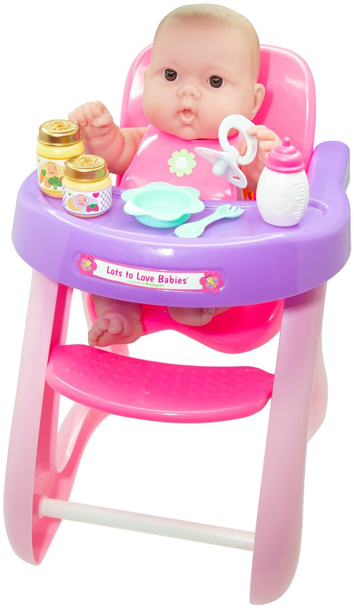 Lots to Love Babies Poppen met Hoge Stoel en Accessoires - 36 cm - Roze Paars