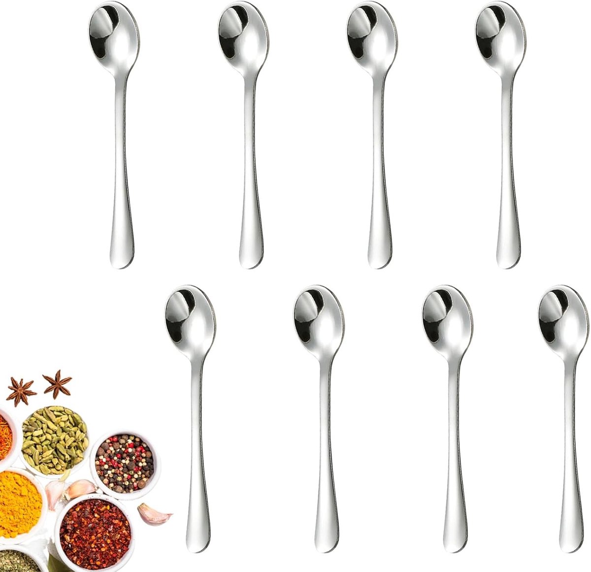 Set van 8 kleine espresso lepels van 7,5 cm - Mini theelepels, specerijlepels en dessertlepels in zilver