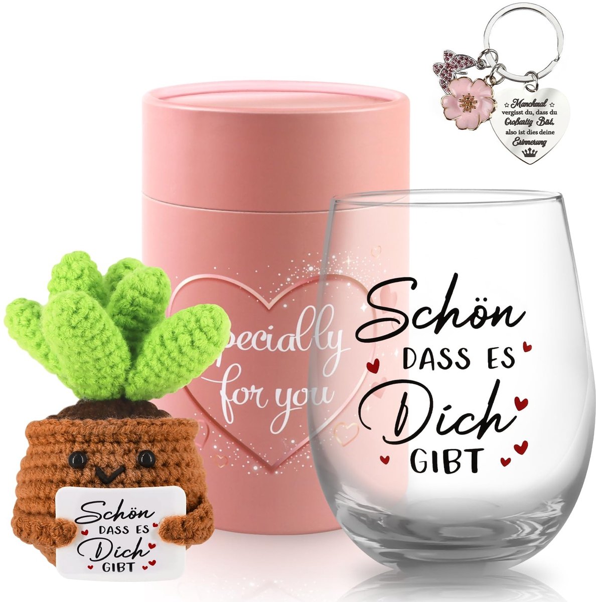 Wijnglas cadeau set - 550ml met gebreide pop en sleutelhanger - Persoonlijk cadeau