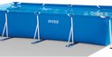 Blauw rechthoekig Intex zwembad met metalen frame en Intex logo.