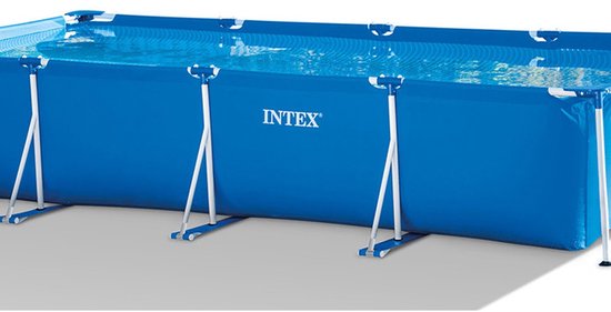 Blauw rechthoekig Intex zwembad met metalen frame en Intex logo.