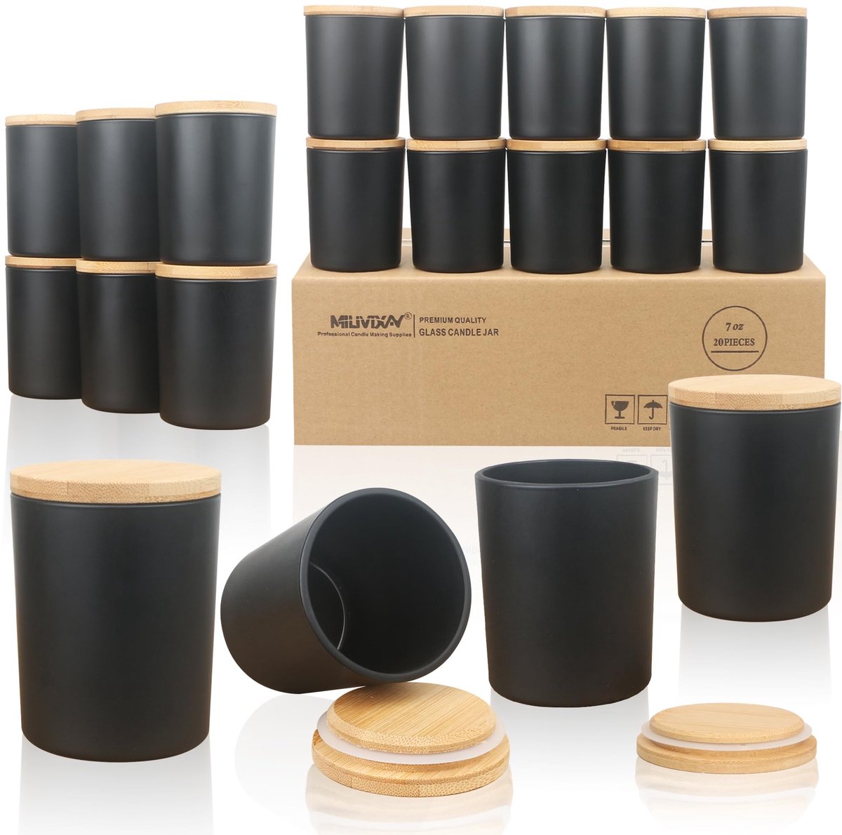 20 stuks 7 oz Matte Zwarte Glazen Kaarsenpotten - Inclusief deksels