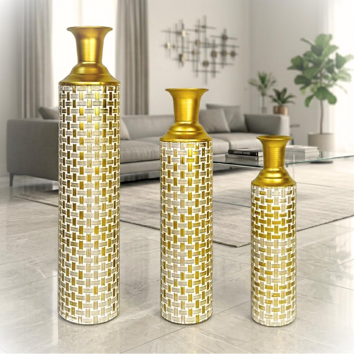 Set van 3 Grote Vazen - Metaal - Goud/Wit