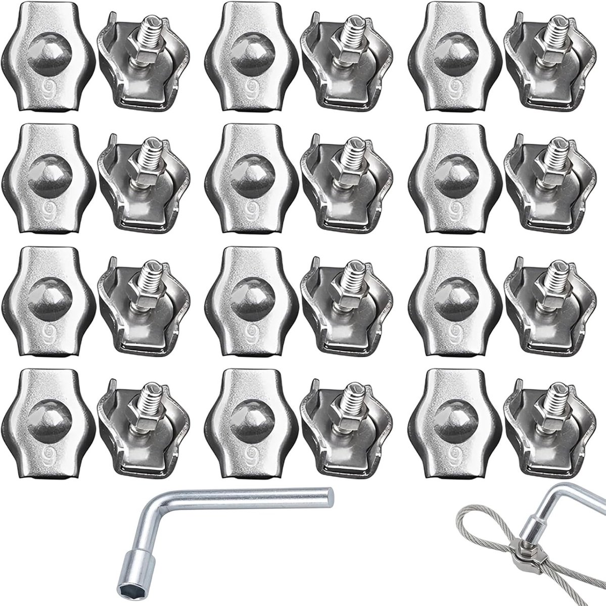 Set van 24 M3 Draadklemmen (3mm) met 7mm Sleutel, RVS Kabelbinders voor Stalen Kabels, Waslijnen en Luifels, Duurzame Metalen Klemmen