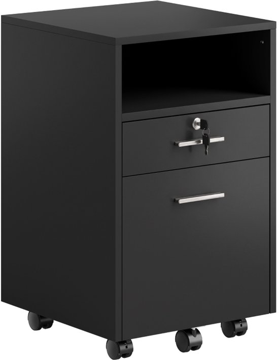 Zwarte archiefkast met één lade en open vak, voorzien van wielen en een slot.