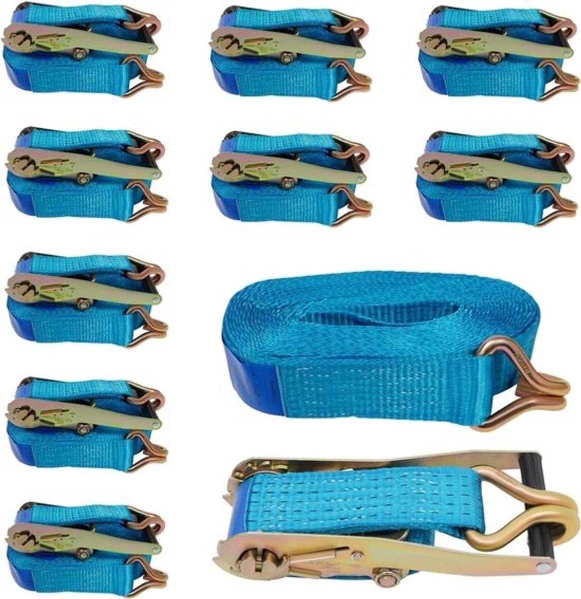Spanbanden met haken - Ladingzekering riemen - Lading vastzetten - Set van 10 stuks - 10 meter lengte - Blauw
