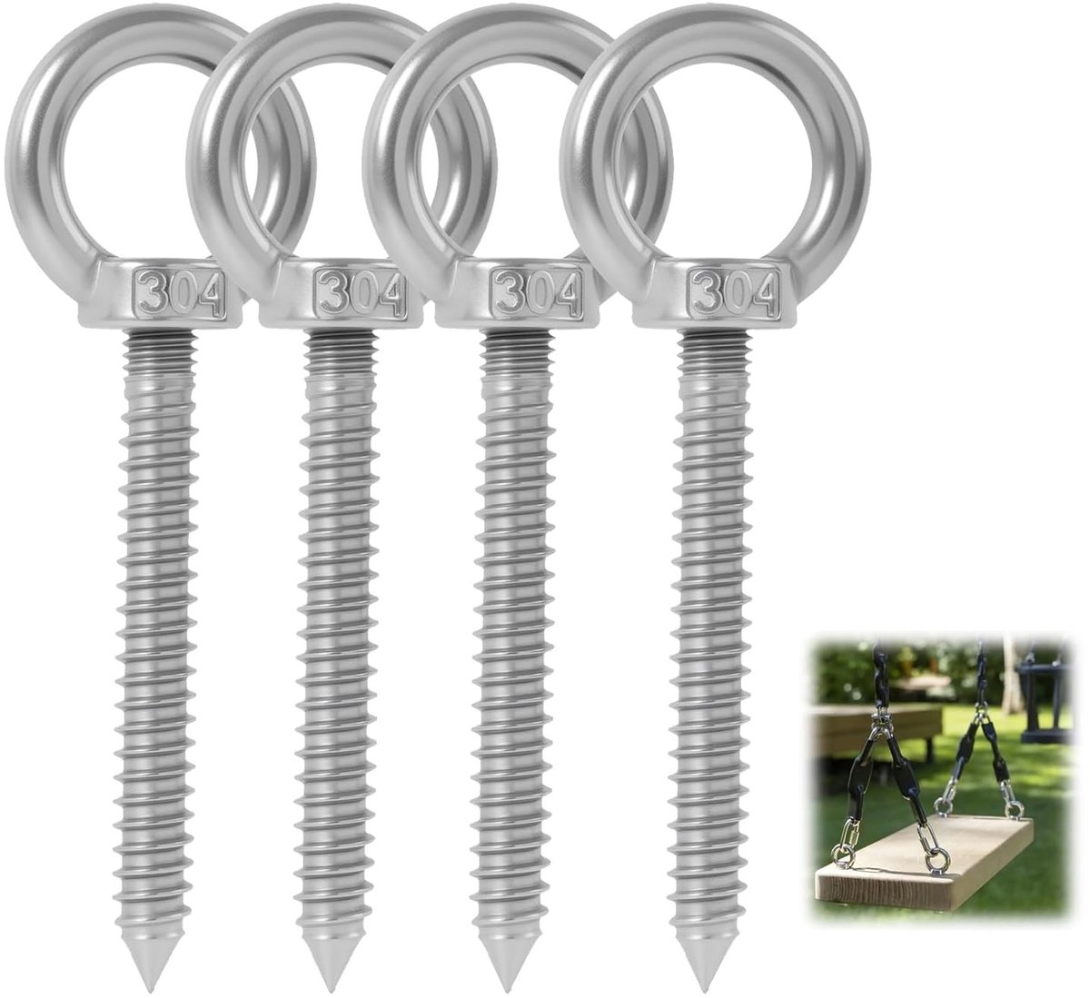 Set van 4 Ringenchroef M10 van Roestvrij Staal 304 voor Zware Belastingen - Ideaal voor Hangmatten, Schommels en Plafondbevestigingen, M10 x 80mm