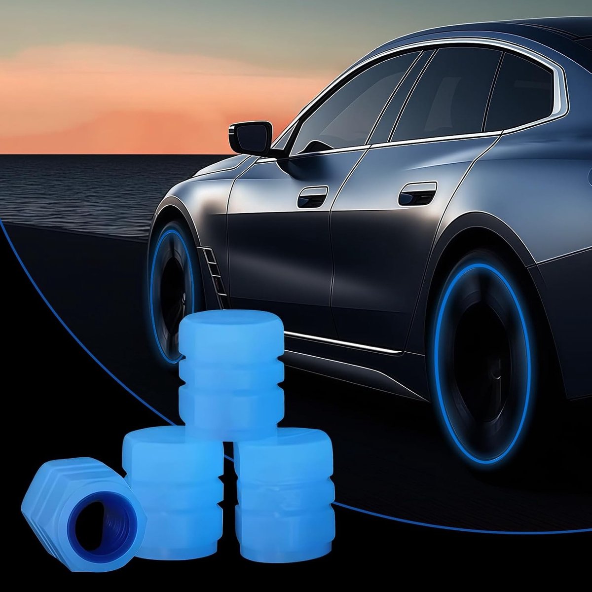 Set van 4 Luminous Ventieldoppen - Fluorescerende Ventieldoppen voor Auto's, Motoren en Fietsen - Universele Ventieldoppen in Blauw