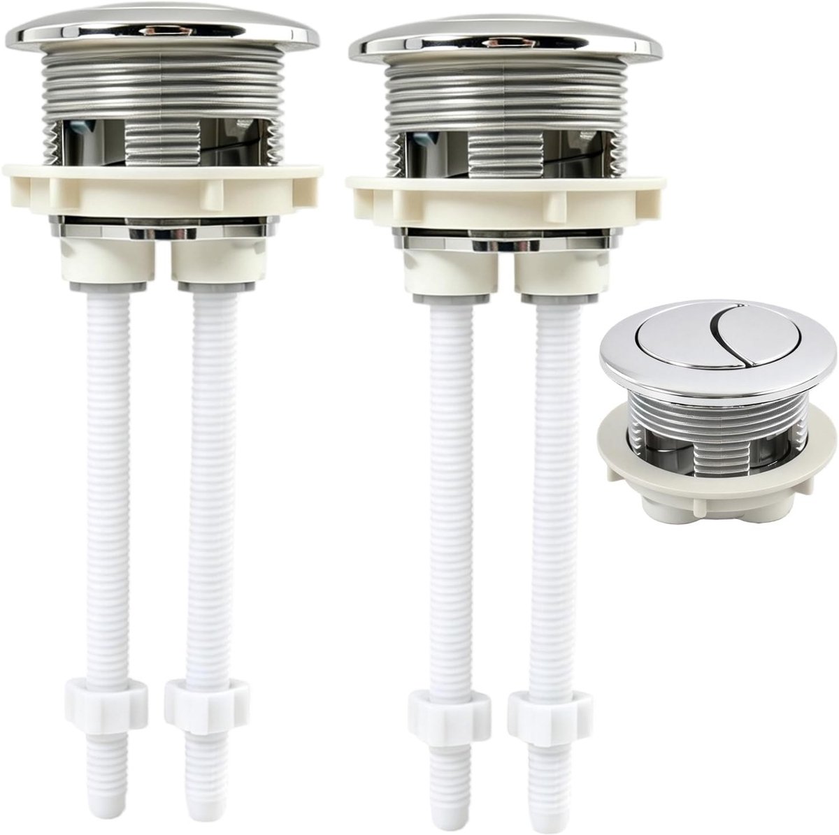 Set van 2 universele spoelknoppen 40 mm, dubbele spoeling, eenvoudig te installeren zonder gereedschap, geschikt voor toilet met gatdiameter 37-44 mm, zilveren design
