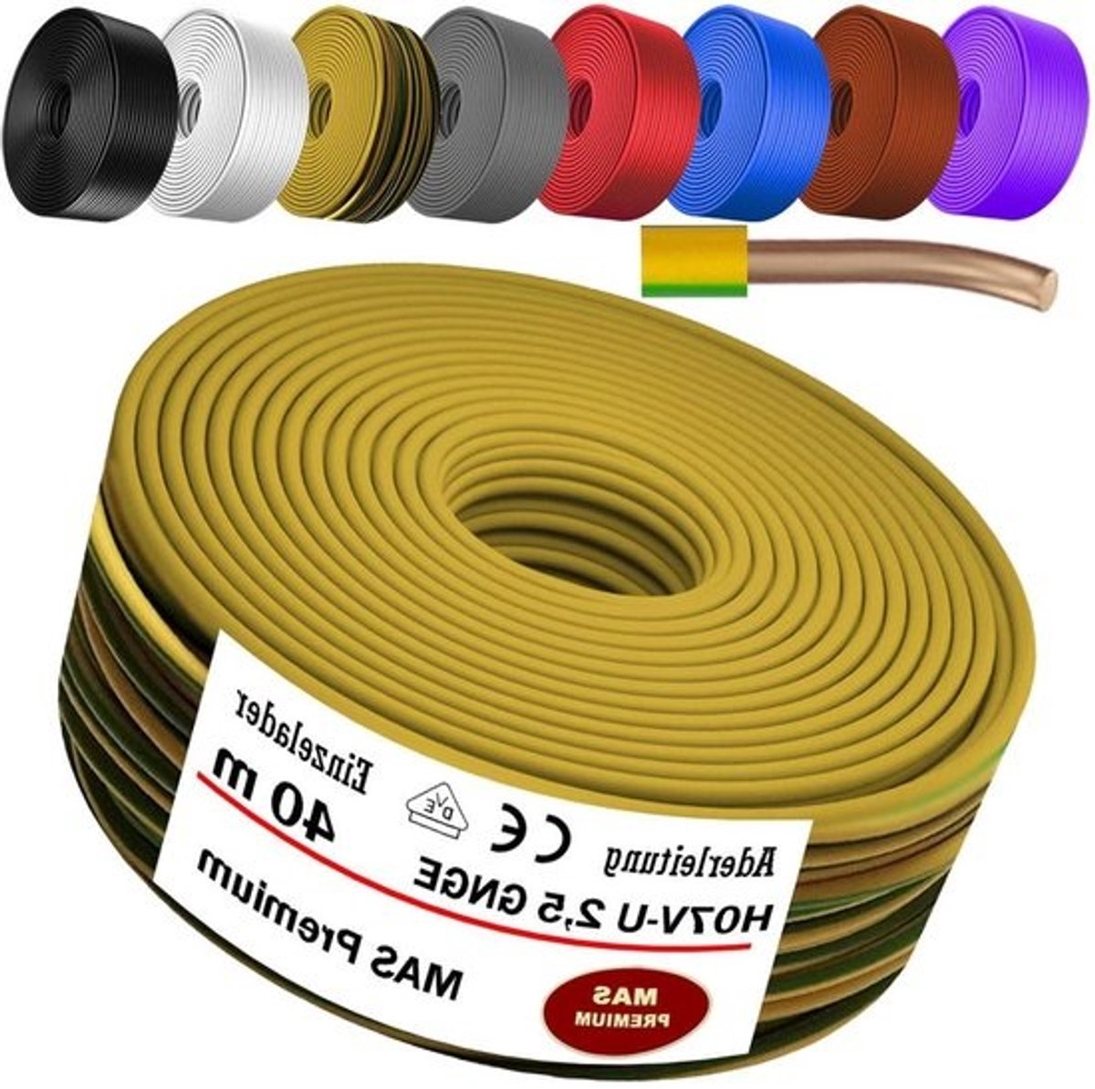 Aderkabel H07 V-U - Stroomkabel Enkelvoudig - Elektrische Installatie - Eendraads Koper - 15 mm² 40 m - Paars