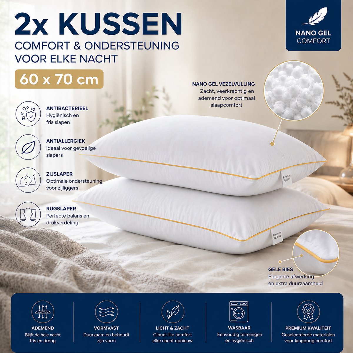Premium Nano-gel Hoofdkussen 60x70 cm – Fabric Box – Set van 2 – Anti-allergisch en Antibacterieel – Ademend, Zacht en Vormvast 1200 Gr