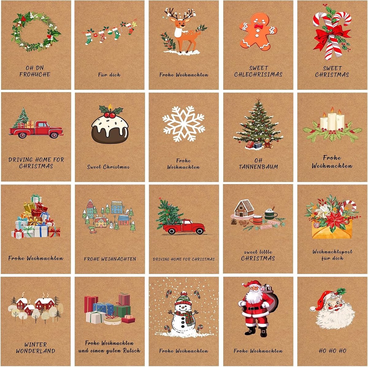 Set van 20 Vouwkaarten voor Kerstmis met Enveloppen, A6, Kraft Papier, Grappige Kerstkaarten voor Groeten en Cadeaus