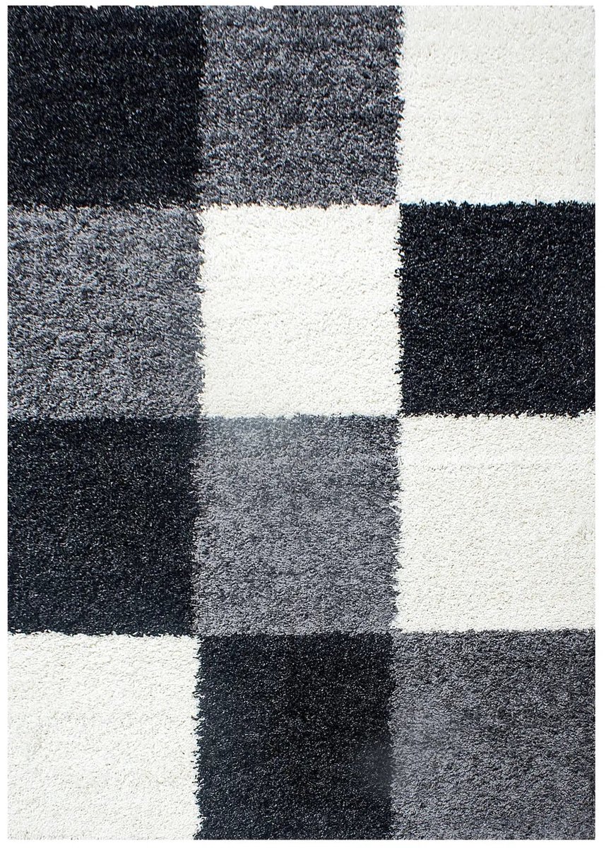 Dutch XXL Hoogpolig Vloerkleed | Tapijt | Shaggy | Life | Blokken | Zwart | 80x250 cm