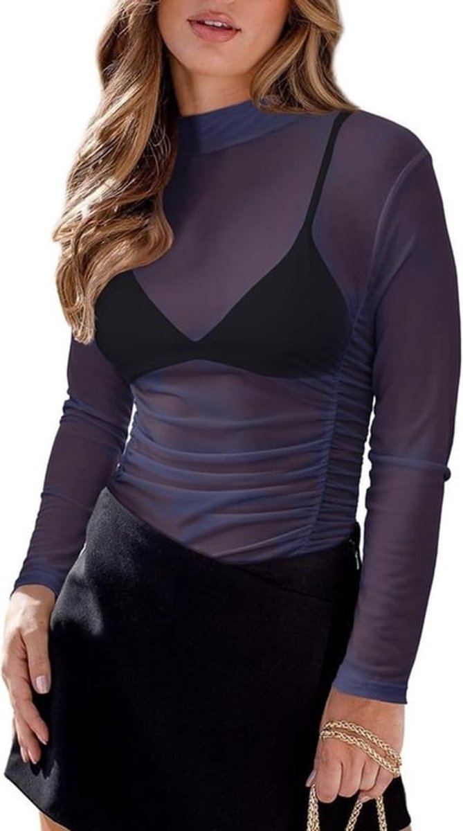 Vrouwen Sexy Transparante Geribbelde Lange Mouwen Shirt