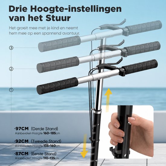Drie hoogte-instellingen van het stuur van een zwarte step.
