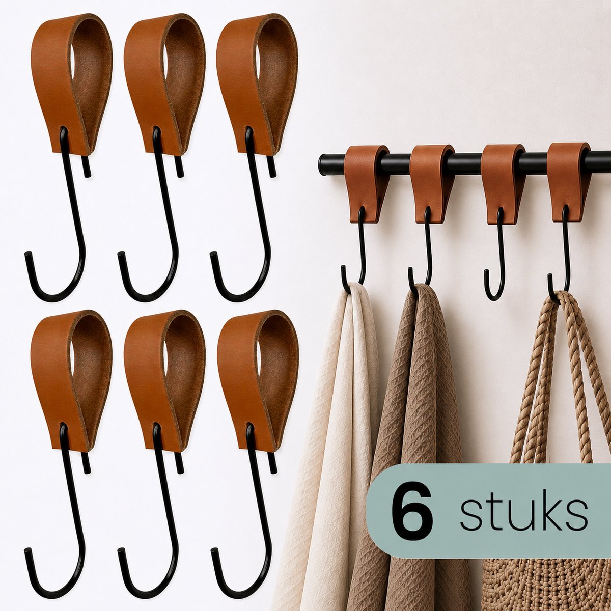 HOYA living - Leren S-haak hangers - 6 stuks - Cognac