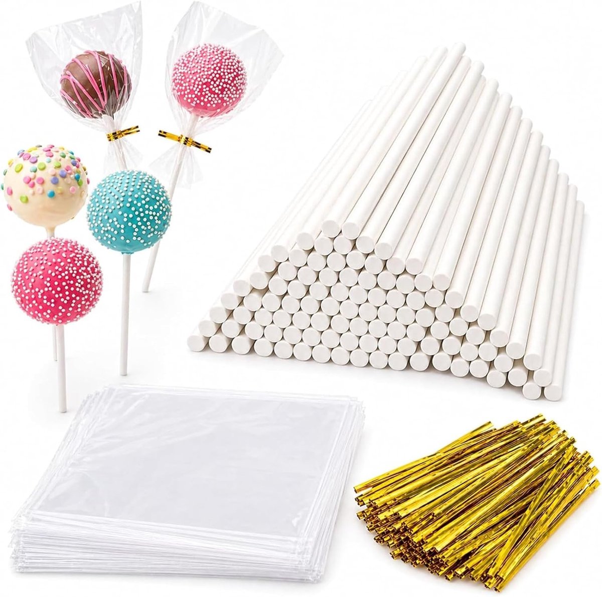 Set van 100 papieren cake pop stokjes met transparante zakjes en binddraden voor cakepops, lolly's en DIY desserts, 7 x 10 cm