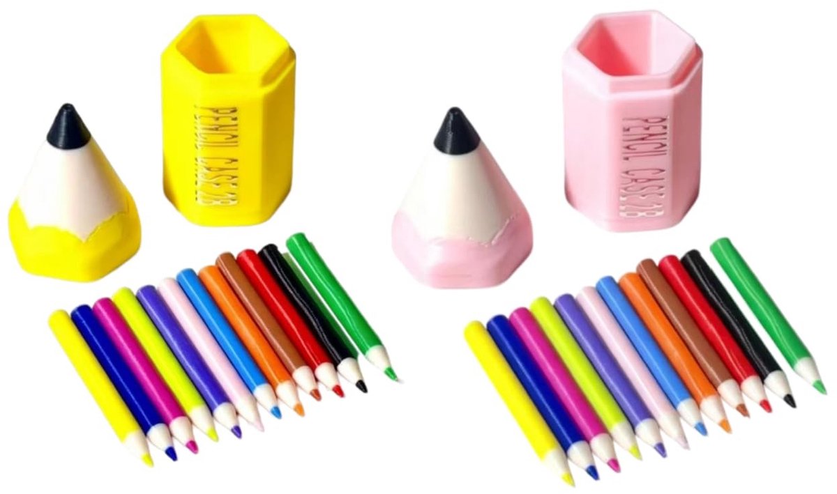 Miniatuur Potloodhouder met 12 Kleurpotloden - Poppenhuis Accessoires - Geel en Roze